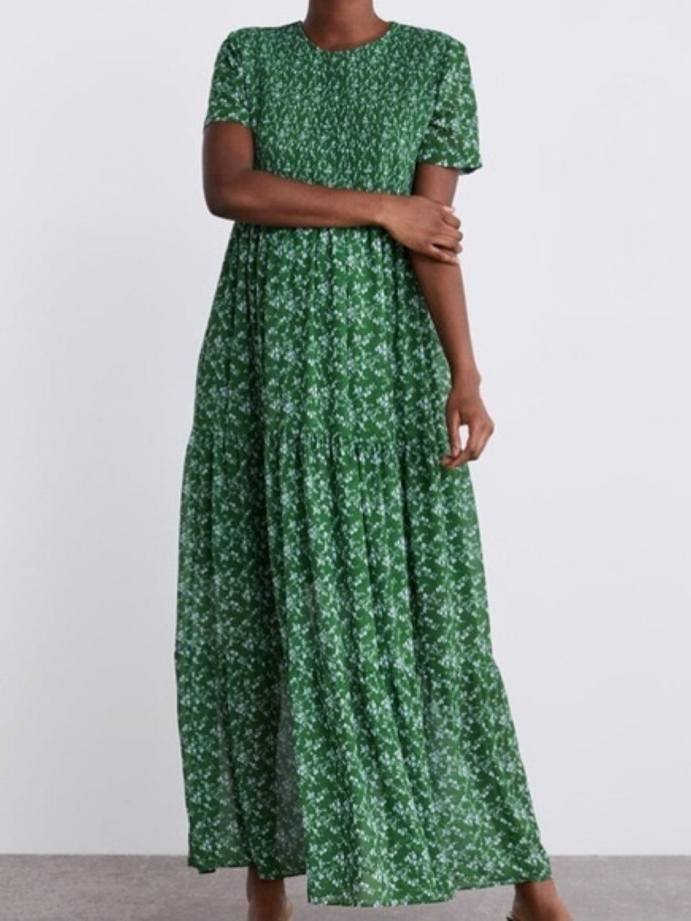 Green Floral Tiered Maxi Dress with Short Sleeves